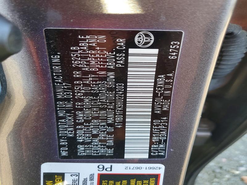 2017 Toyota Camry Hybrid მანქანა იყიდება აუქციონზე, vin: 4T1BD1FK9HU224203, აუქციონის ნომერი: 58790946