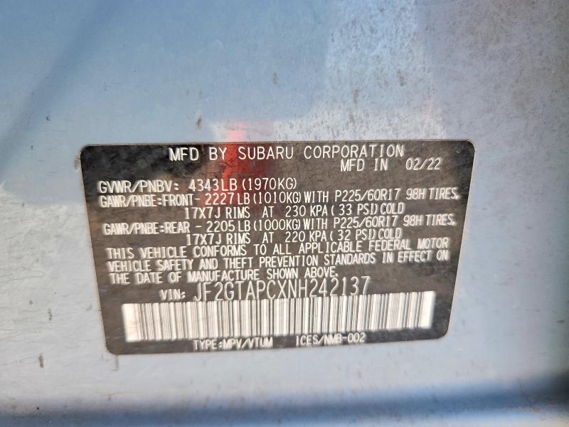58503836 :رقم المزاد ، JF2GTAPCXNH242137 vin ، 2022 Subaru Crosstrek مزاد بيع