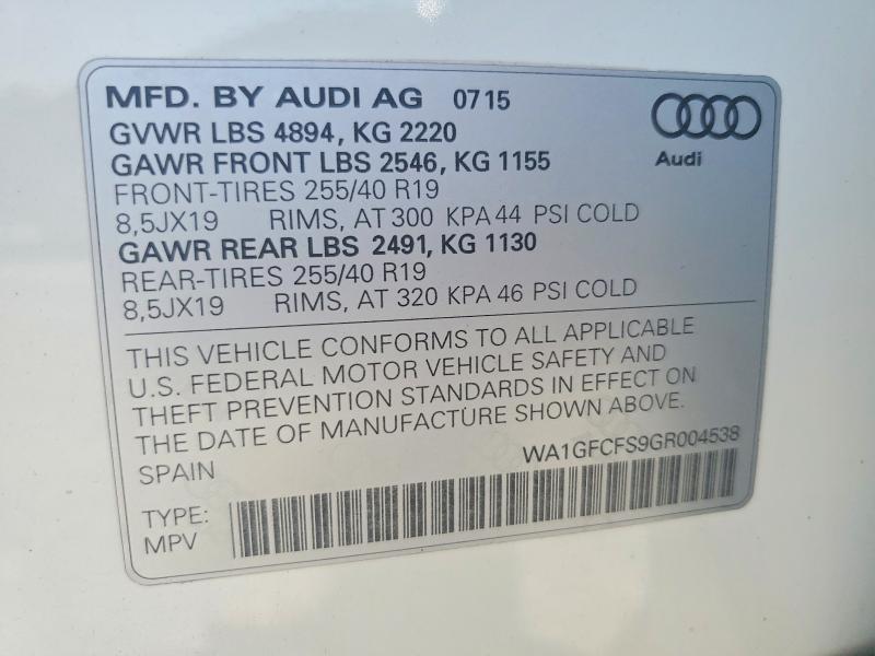 Aukcja sprzedaży 2016 Audi Q3, vin: WA1GFCFS9GR004538, numer aukcji: 59070396