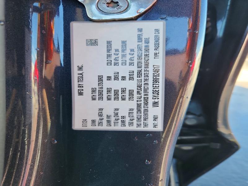 2024 Tesla Model 3 მანქანა იყიდება აუქციონზე, vin: 5YJ3E1ET9RF824617, აუქციონის ნომერი: 57386606