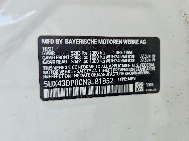 57367446 :رقم المزاد ، 5UX43DP00N9J81852 vin ، 2022 Bmw X3 مزاد بيع