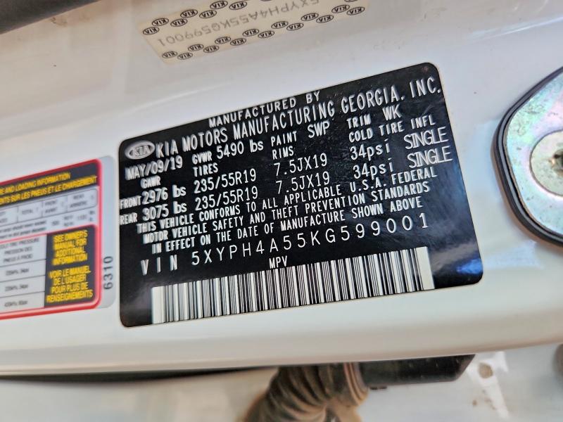 57202686 :رقم المزاد ، 5XYPH4A55KG599001 vin ، 2019 Kia Sorento مزاد بيع