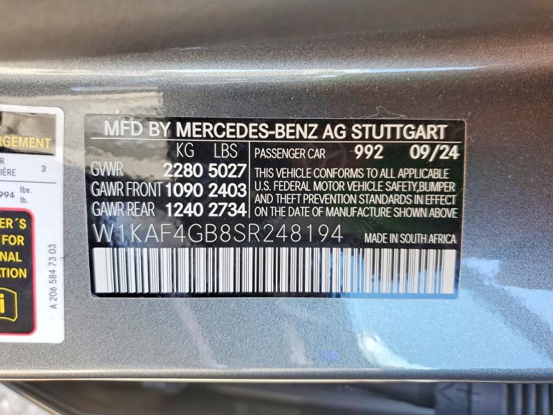 2025 Mercedes-benz C მანქანა იყიდება აუქციონზე, vin: W1KAF4GB8SR248194, აუქციონის ნომერი: 56894536