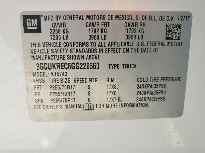 Продаж на аукціоні авто 2016 Chevrolet Silverado, vin: 3GCUKREC6GG220560, номер лоту: 57625866