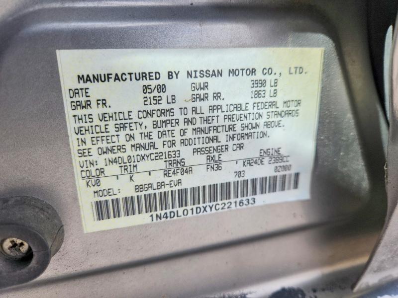 2000 Nissan Altima მანქანა იყიდება აუქციონზე, vin: 1N4DL01DXYC221633, აუქციონის ნომერი: 57005526