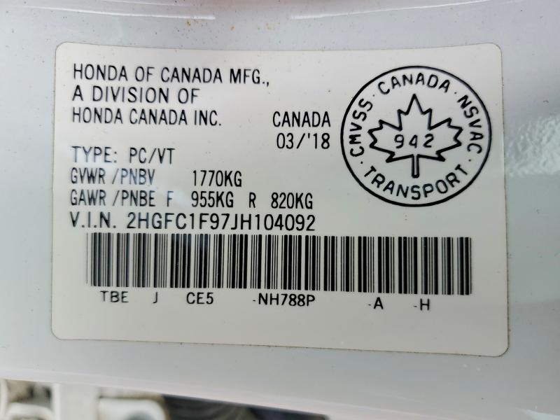 Продаж на аукціоні авто 2018 Honda Civic, vin: 2HGFC1F97JH104092, номер лоту: 57805666