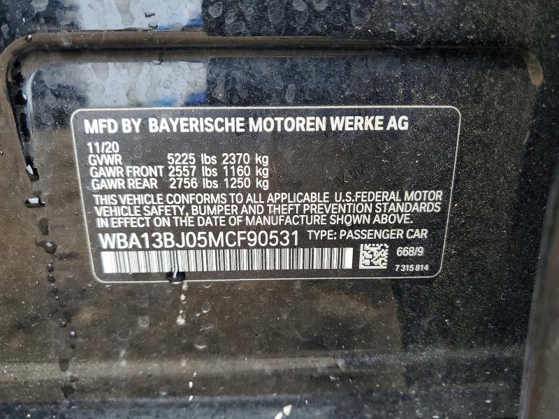 56769396 :رقم المزاد ، WBA13BJ05MCF90531 vin ، 2021 Bmw 530 مزاد بيع