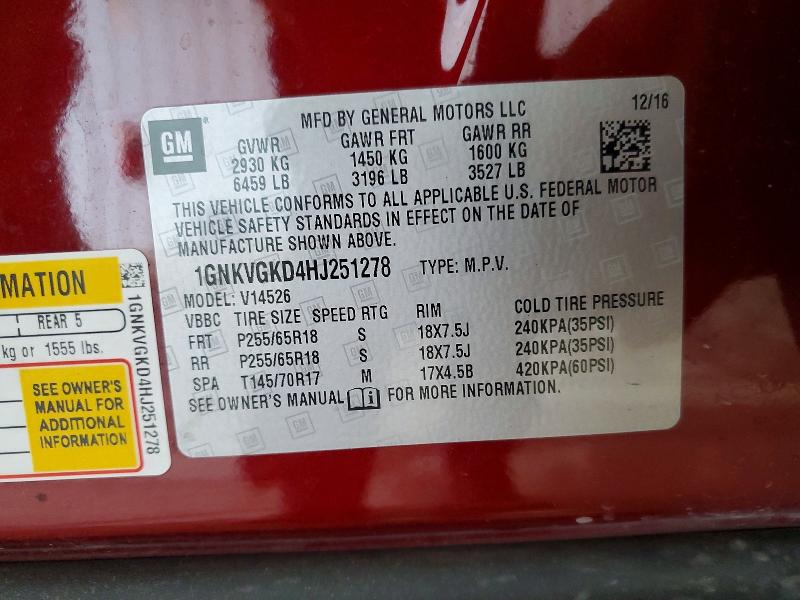 Aukcja sprzedaży 2017 Chevrolet Traverse, vin: 1GNKVGKD4HJ251278, numer aukcji: 57891086