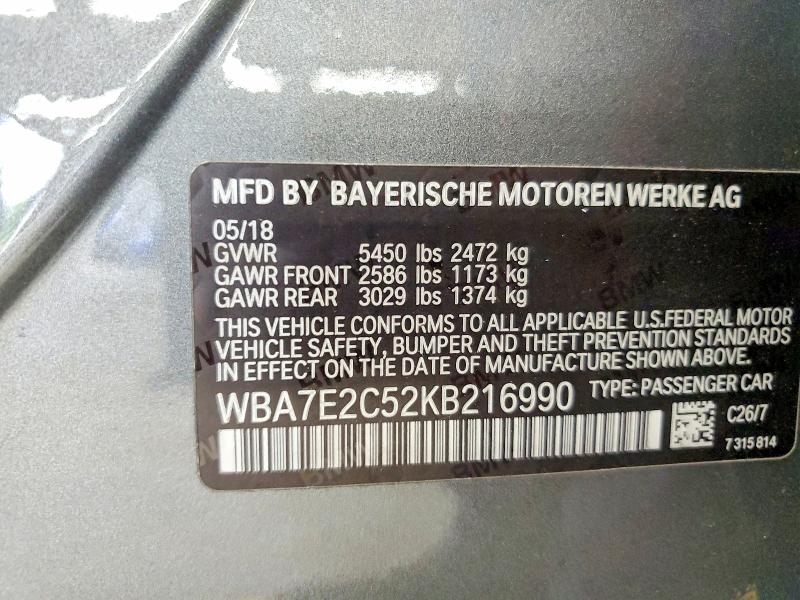 58596766 :رقم المزاد ، WBA7E2C52KB216990 vin ، 2019 Bmw 740 مزاد بيع