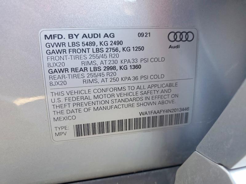 2022 Audi Q5 მანქანა იყიდება აუქციონზე, vin: WA1FAAFY4N2013446, აუქციონის ნომერი: 58840226