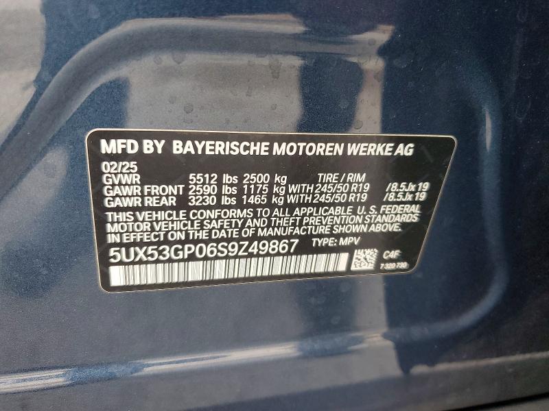 2025 Bmw X3 მანქანა იყიდება აუქციონზე, vin: 5UX53GP06S9Z49867, აუქციონის ნომერი: 57938706
