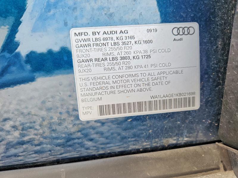 2019 Audi E-tron მანქანა იყიდება აუქციონზე, vin: WA1LAAGE1KB021698, აუქციონის ნომერი: 58891296