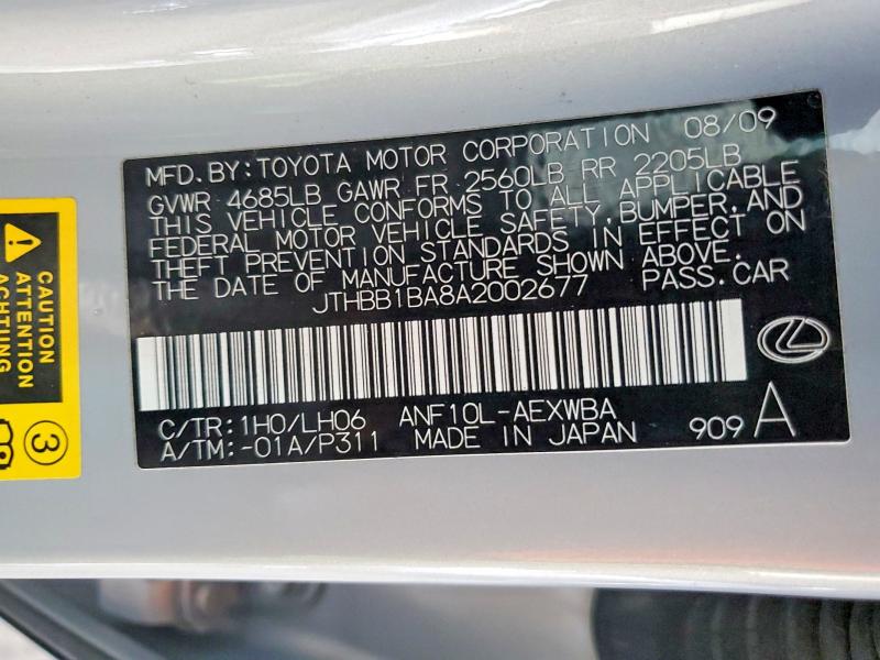 Aukcja sprzedaży 2010 Lexus Hs, vin: JTHBB1BA8A2002677, numer aukcji: 58835366