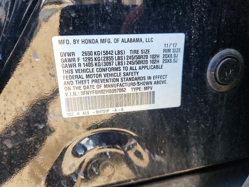 Aukcja sprzedaży 2017 Honda Pilot, vin: 5FNYF6H02HB097062, numer aukcji: 57124066