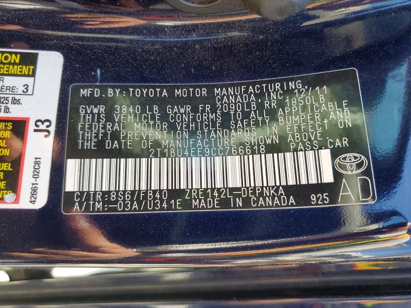 56128356 :رقم المزاد ، 2T1BU4EE9CC766618 vin ، 2012 Toyota Corolla مزاد بيع