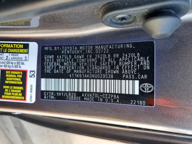 56667836 :رقم المزاد ، 4T1K61AK0NU029538 vin ، 2022 Toyota Camry مزاد بيع