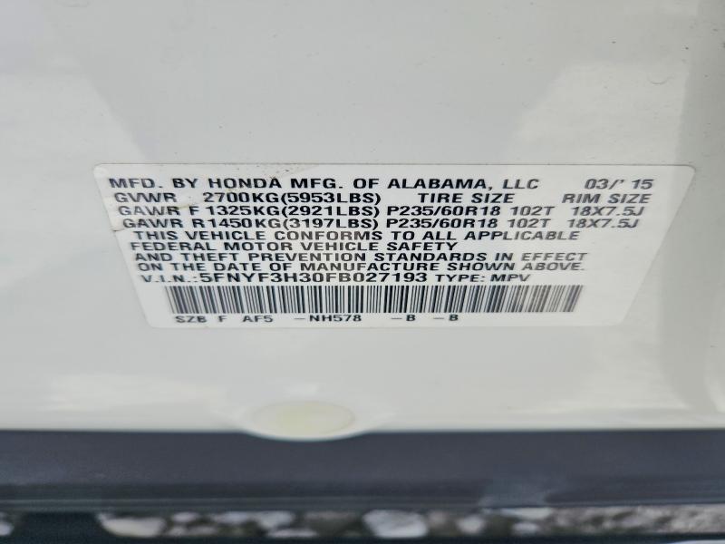 Aukcja sprzedaży 2015 Honda Pilot, vin: 5FNYF3H30FB027193, numer aukcji: 58611656