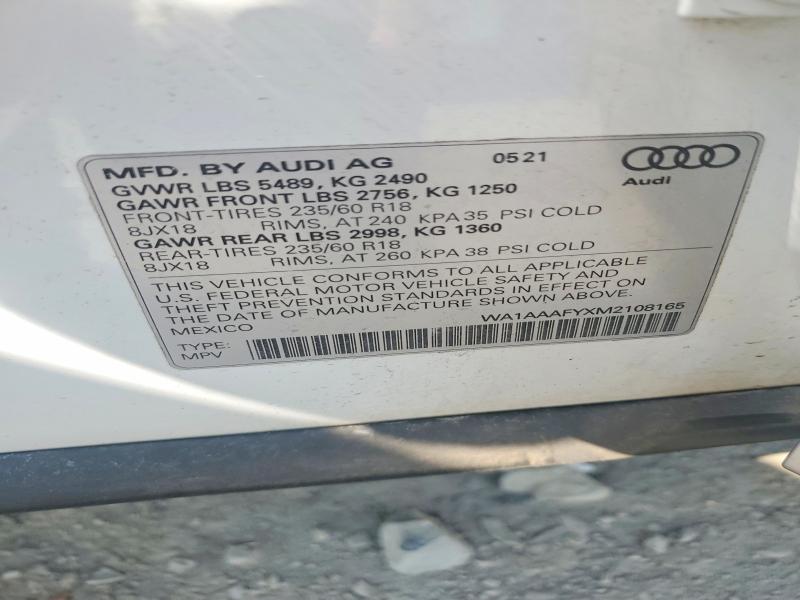 2021 Audi Q5 მანქანა იყიდება აუქციონზე, vin: WA1AAAFYXM2108165, აუქციონის ნომერი: 58768786