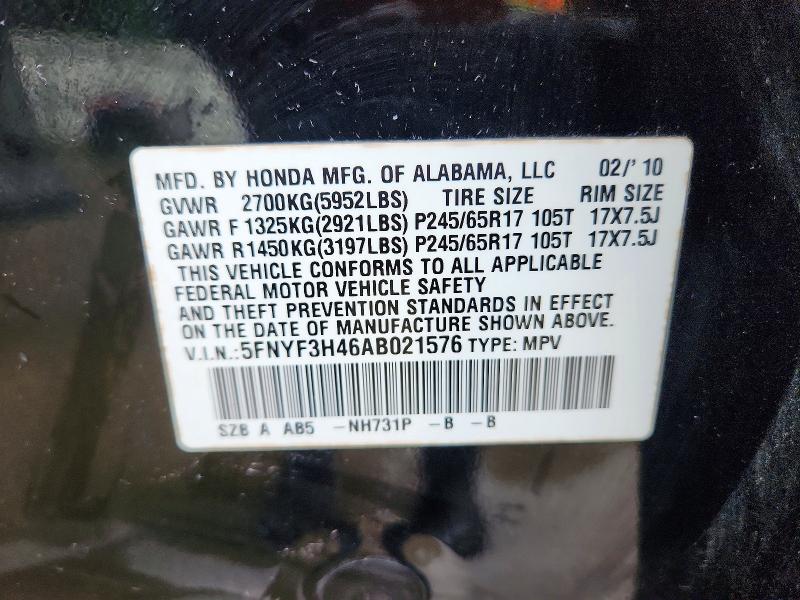 Продаж на аукціоні авто 2010 Honda Pilot, vin: 5FNYF3H46AB021576, номер лоту: 58433626