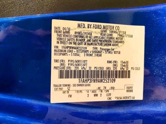 2010 Ford Focus მანქანა იყიდება აუქციონზე, vin: 1FAHP3FN9AW252109, აუქციონის ნომერი: 56704156