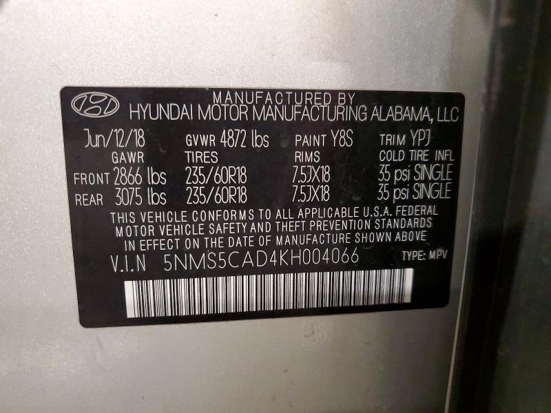 Aukcja sprzedaży 2019 Hyundai Santa Fe, vin: 5NMS5CAD4KH004066, numer aukcji: 57899206