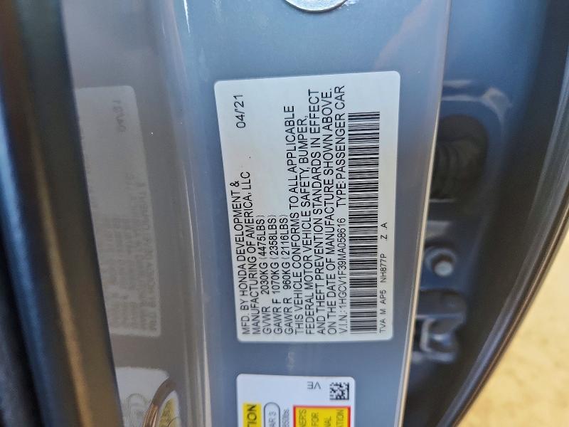 2021 Honda Accord მანქანა იყიდება აუქციონზე, vin: 1HGCV1F39MA058616, აუქციონის ნომერი: 58715006