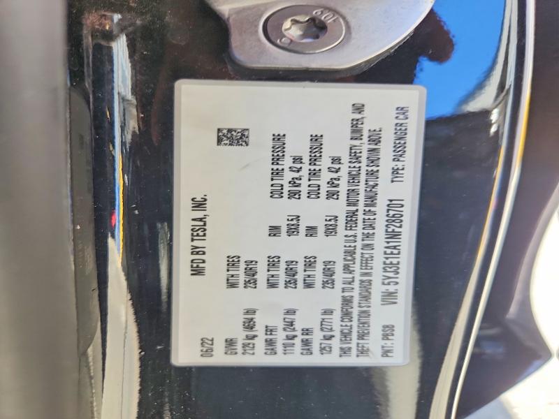 Продажа на аукционе авто 2022 Tesla Model 3, vin: 5YJ3E1EA1NF286701, номер лота: 55615776