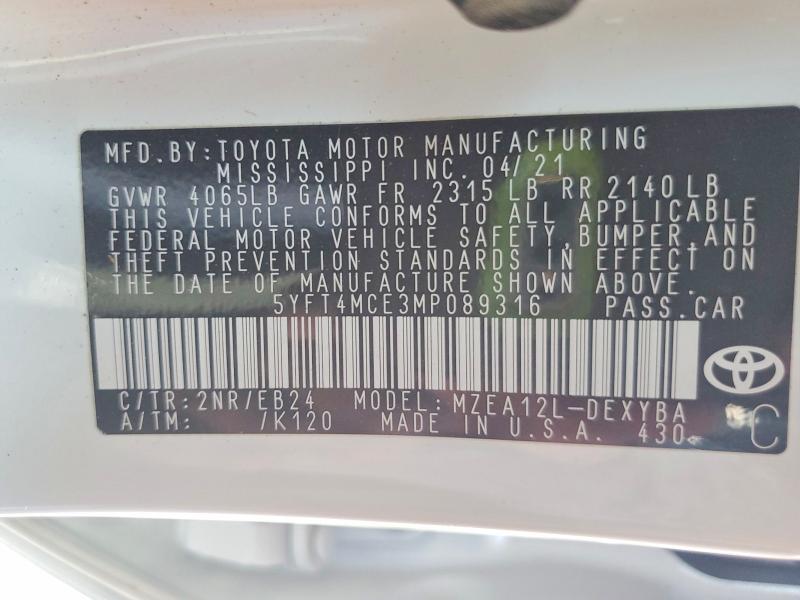 59010046 :رقم المزاد ، 5YFT4MCE3MP089316 vin ، 2021 Toyota Corolla مزاد بيع