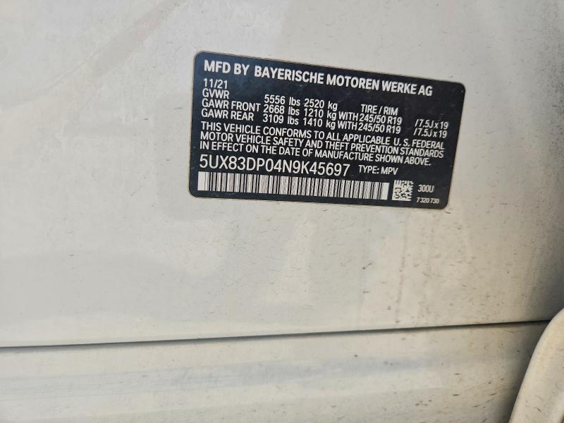 Aukcja sprzedaży 2022 Bmw X3, vin: 5UX83DP04N9K45697, numer aukcji: 55775806