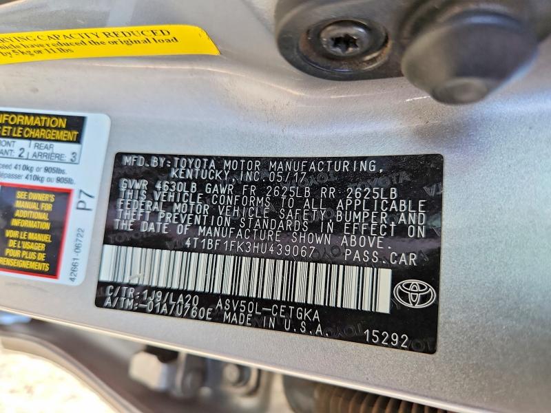 Продаж на аукціоні авто 2017 Toyota Camry, vin: 4T1BF1FK3HU439067, номер лоту: 56164926
