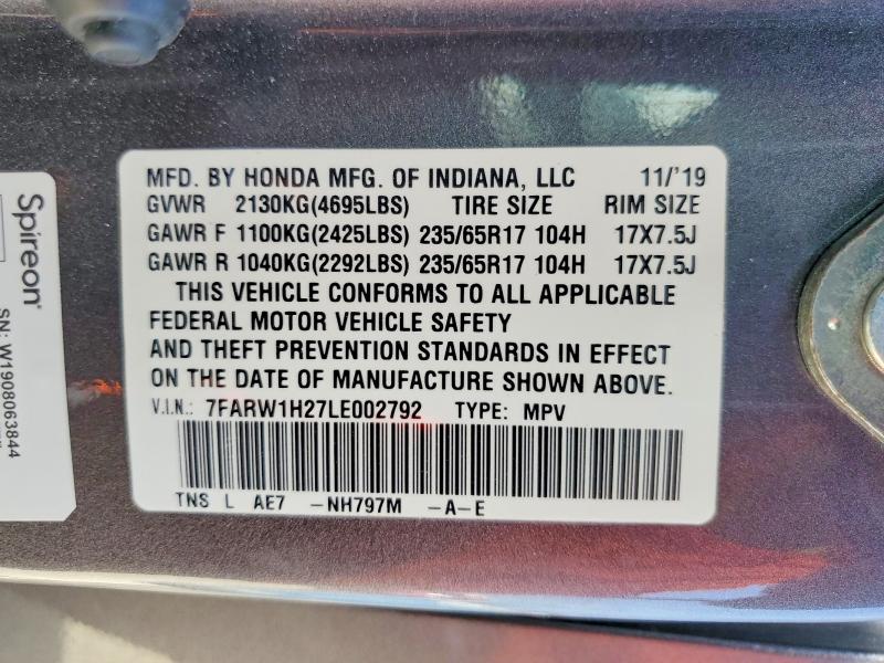 59287096 :رقم المزاد ، 7FARW1H27LE002792 vin ، 2020 Honda Cr-v مزاد بيع