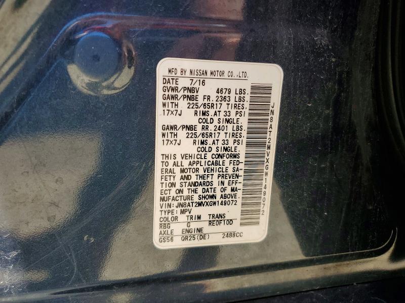56806296 :رقم المزاد ، JN8AT2MVXGW149072 vin ، 2016 Nissan Rogue مزاد بيع