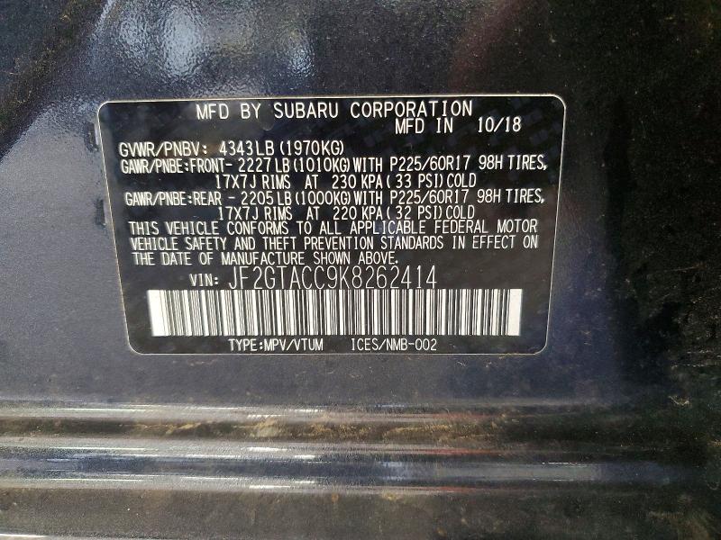 Aukcja sprzedaży 2019 Subaru Crosstrek, vin: JF2GTACC9K8262414, numer aukcji: 57861226