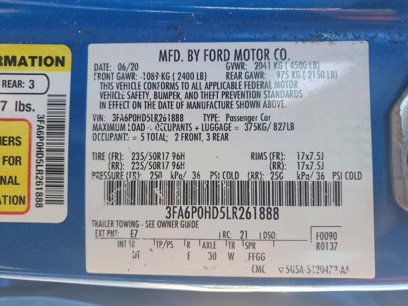 55355216 :رقم المزاد ، 3FA6P0HD5LR261888 vin ، 2020 Ford Fusion مزاد بيع