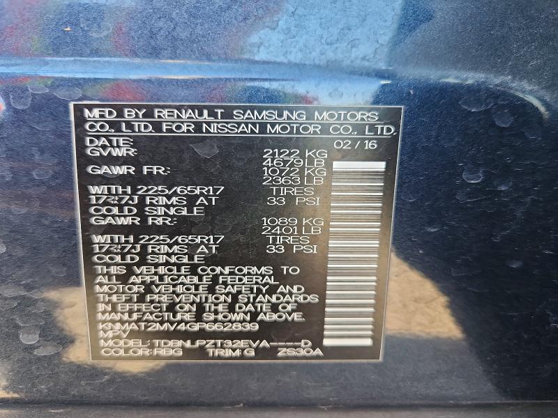 55859806 :رقم المزاد ، KNMAT2MV4GP662839 vin ، 2016 Nissan Rogue مزاد بيع