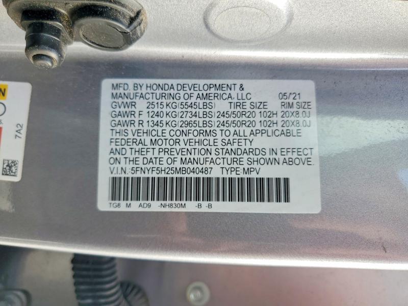 Aukcja sprzedaży 2021 Honda Pilot, vin: 5FNYF5H25MB040487, numer aukcji: 57936596