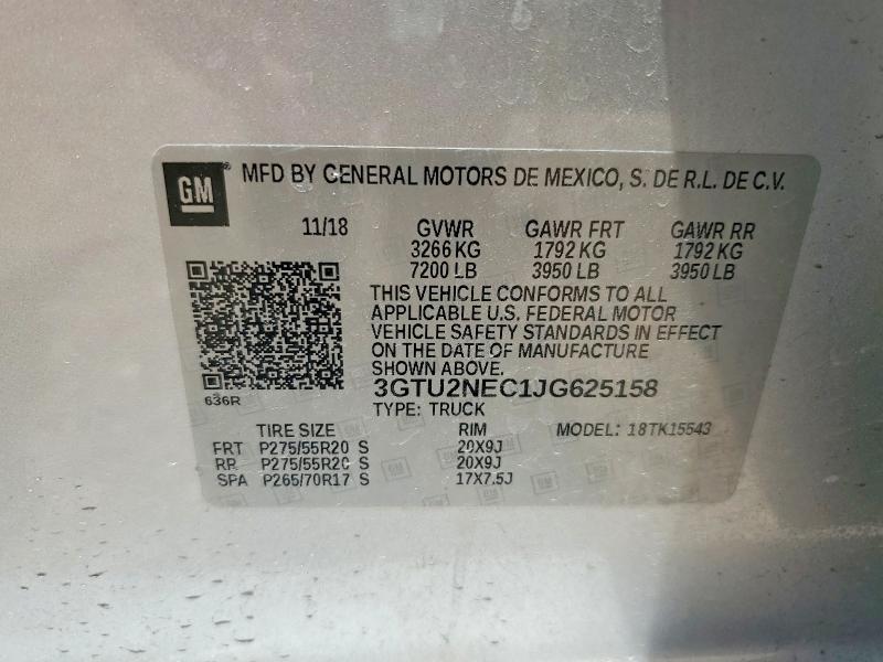 2018 Gmc Sierra მანქანა იყიდება აუქციონზე, vin: 3GTU2NEC1JG625158, აუქციონის ნომერი: 59010536