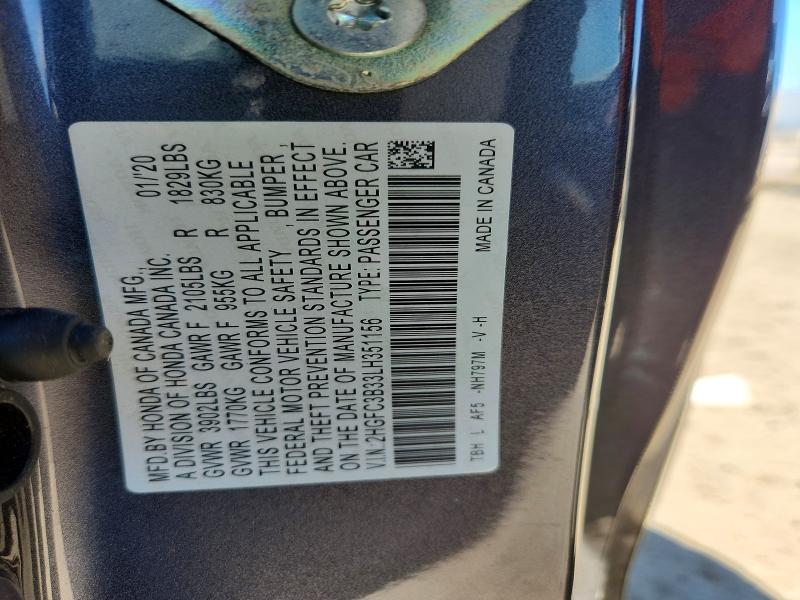 Продаж на аукціоні авто 2020 Honda Civic, vin: 2HGFC3B33LH351156, номер лоту: 55537966