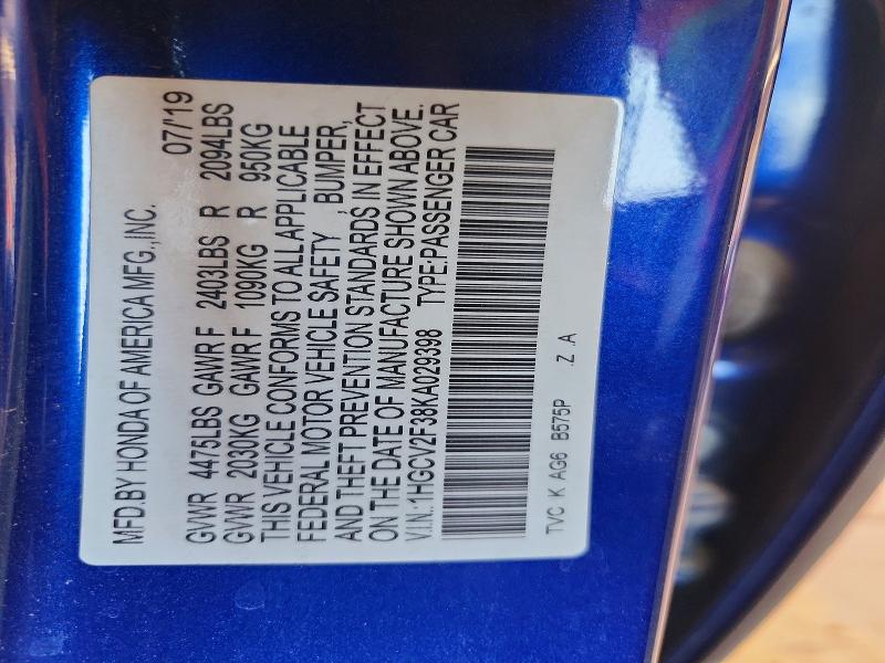 2019 Honda Accord მანქანა იყიდება აუქციონზე, vin: 1HGCV2F38KA029398, აუქციონის ნომერი: 56177176