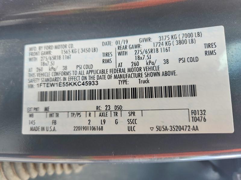 55722536 :رقم المزاد ، 1FTEW1E55KKC45933 vin ، 2019 Ford F150 مزاد بيع