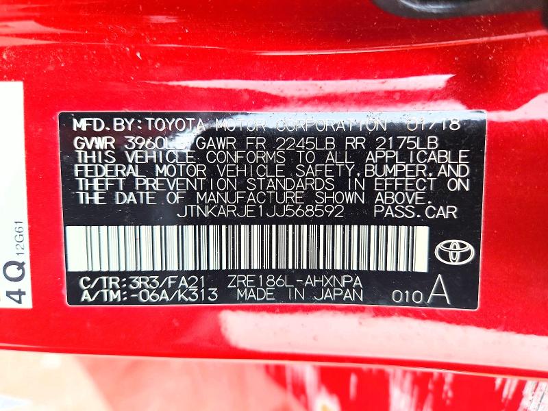 Aukcja sprzedaży 2018 Toyota Corolla Im, vin: JTNKARJE1JJ568592, numer aukcji: 58934496
