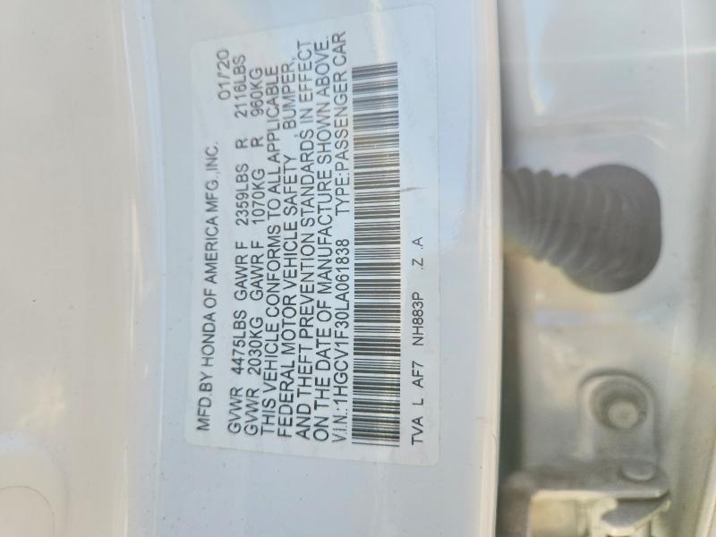 57046886 :رقم المزاد ، 1HGCV1F30LA061838 vin ، 2020 Honda Accord مزاد بيع