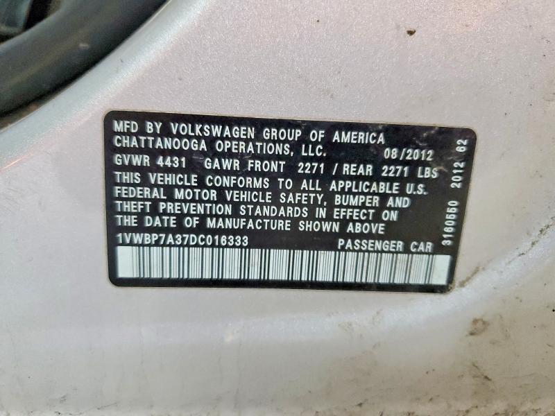 2013 Volkswagen Passat მანქანა იყიდება აუქციონზე, vin: 1VWBP7A37DC016333, აუქციონის ნომერი: 55934606