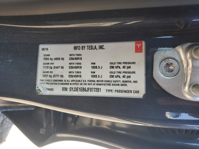 Продаж на аукціоні авто 2018 Tesla Model 3, vin: 5YJ3E1EB6JF077201, номер лоту: 56702276