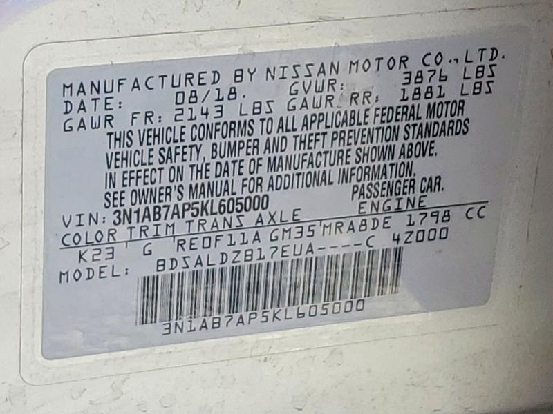 2019 Nissan Sentra მანქანა იყიდება აუქციონზე, vin: 3N1AB7AP5KL605000, აუქციონის ნომერი: 57171716