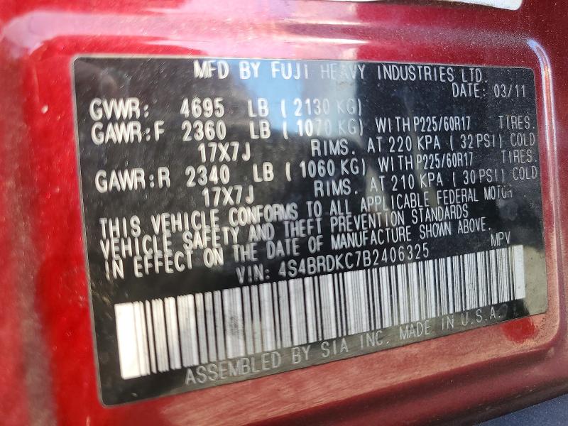Aukcja sprzedaży 2011 Subaru Outback, vin: 4S4BRDKC7B2406325, numer aukcji: 55772896