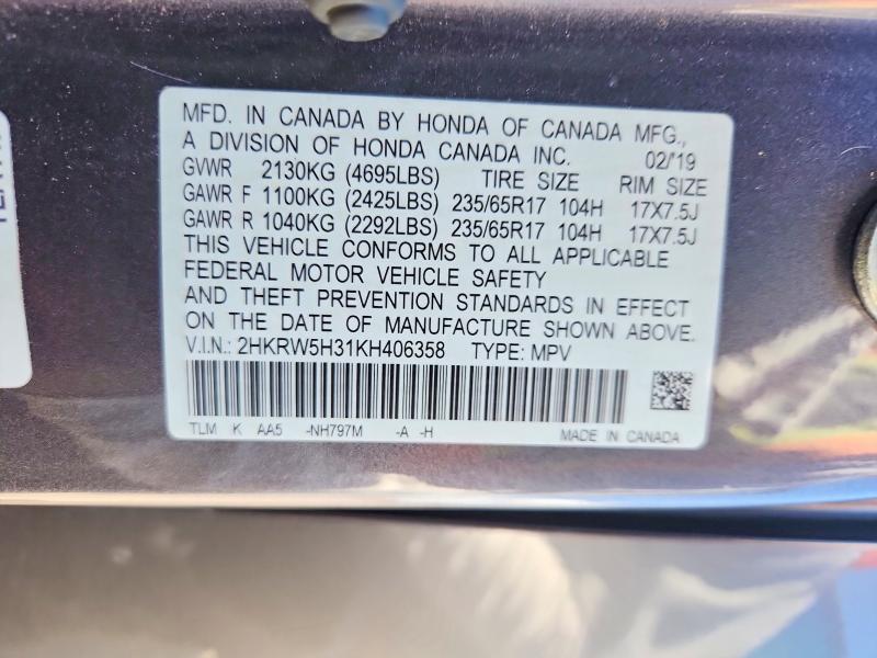 57124886 :رقم المزاد ، 2HKRW5H31KH406358 vin ، 2019 Honda Cr-v مزاد بيع
