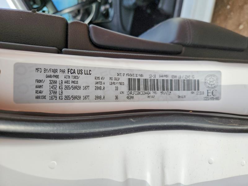 2019 Jeep Grand Cherokee მანქანა იყიდება აუქციონზე, vin: 1C4RJFCG8KC634464, აუქციონის ნომერი: 57692796