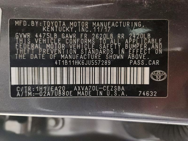Aukcja sprzedaży 2018 Toyota Camry, vin: 4T1B11HK6JU557289, numer aukcji: 56294386