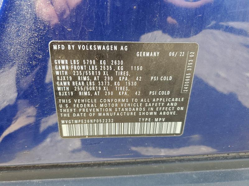 2022 Volkswagen Id.4 მანქანა იყიდება აუქციონზე, vin: WVGTMPE26NP052232, აუქციონის ნომერი: 56431526